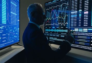An image featuring a person representing an US agent analyzing some hacking statistics