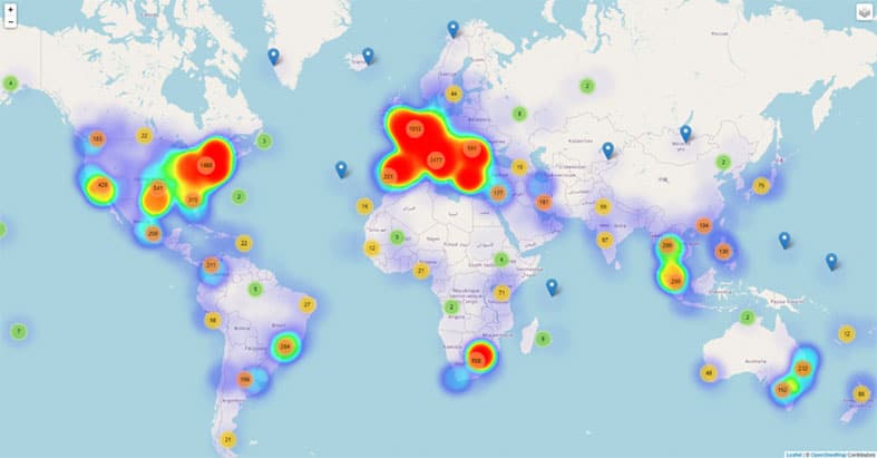 An image featuring the world map with covid-19-related threats reported by a unique IP address statistics