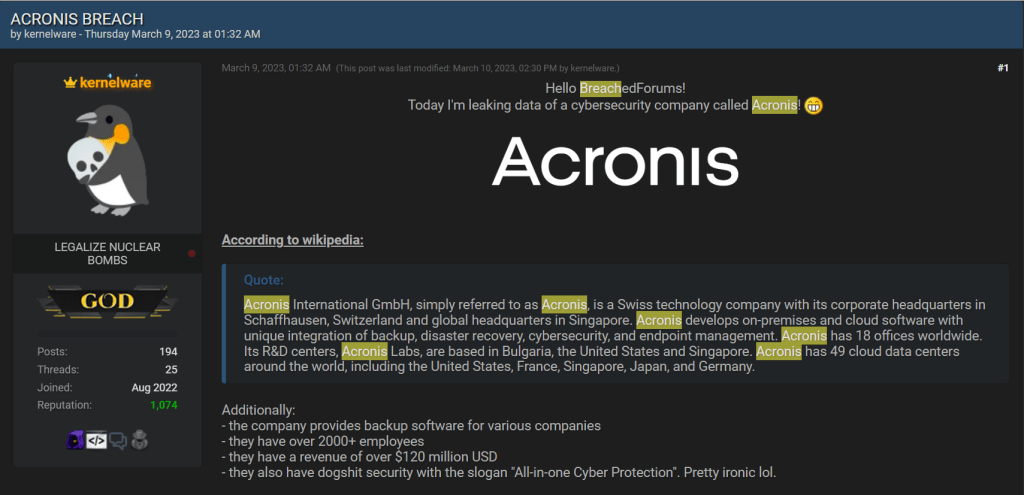 Acronis breach