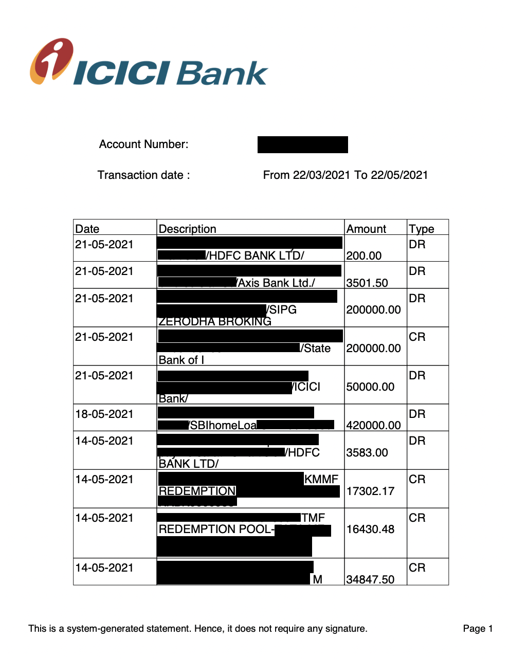 Screenshot of leaked bank statement